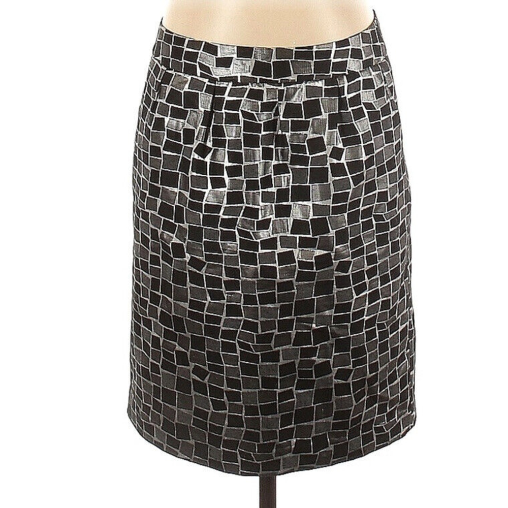 Ann Trinity Pencil Skirt Size 8 Black & Silver Square Pattern Knee Length Pocket
